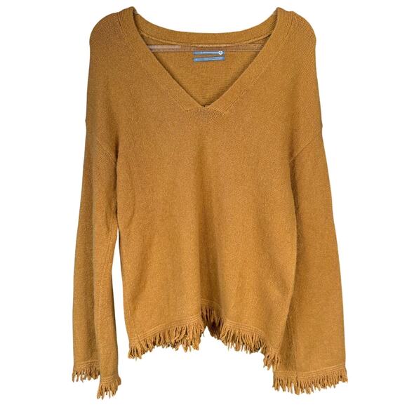 ANTHROPOLOGIE Joy Fringe Hem V-Neck Mustard Maize Soft Jumper Sweater Sz Medium - Picture 1 of 11
